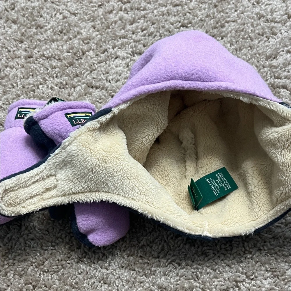 L.L. Bean Kids' Lavender and Grey Fleece Trapper Hat with Mittens Sz 2T-4T